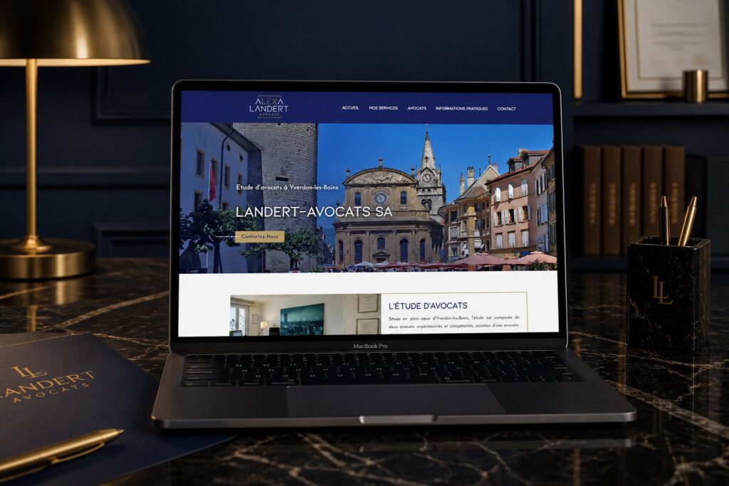 Site internet de Landert Avocats réalisé par Osmose Marketing, présenté sur un ordinateur portable