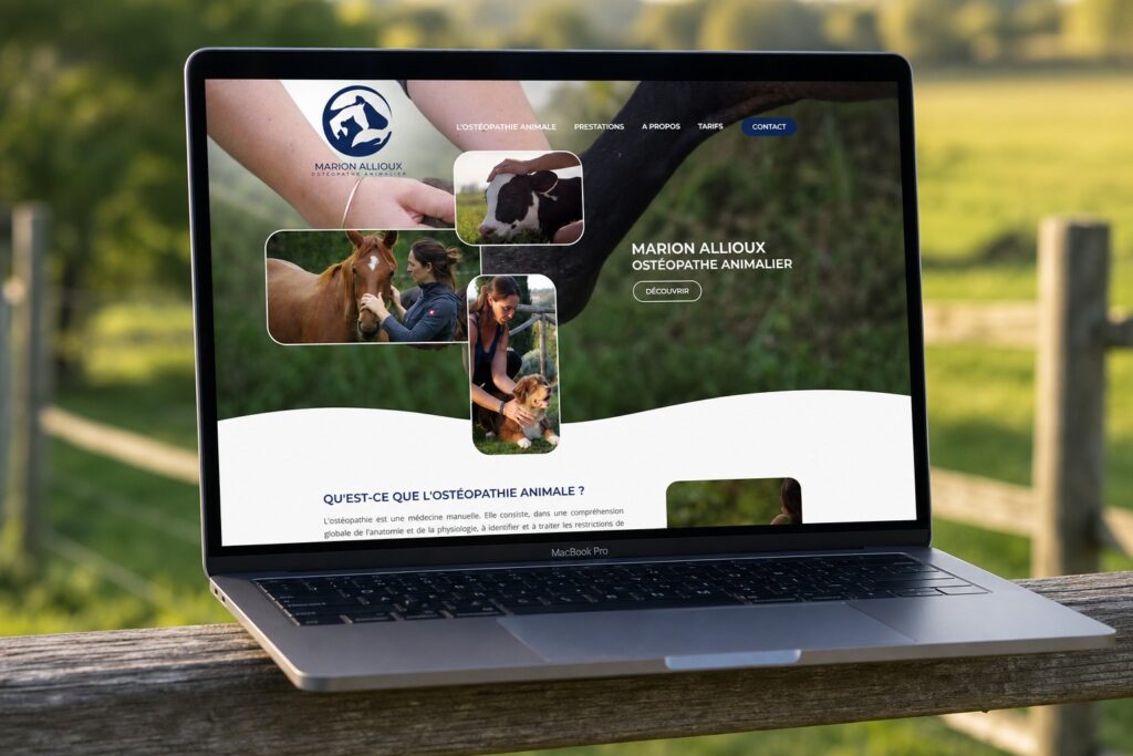 Site internet de Marion, ostéopathe animalier réalisé par Osmose Marketing, présenté sur un ordinateur portable