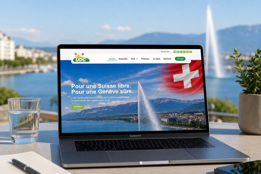 Site internet de UDC Genève réalisé par Osmose Marketing, présenté sur un ordinateur portable