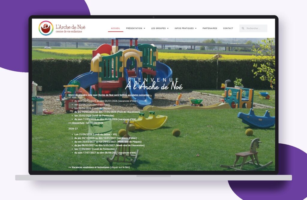Site internet de L'Arche de Noé réalisé par Osmose Marketing, présenté sur un ordinateur portable