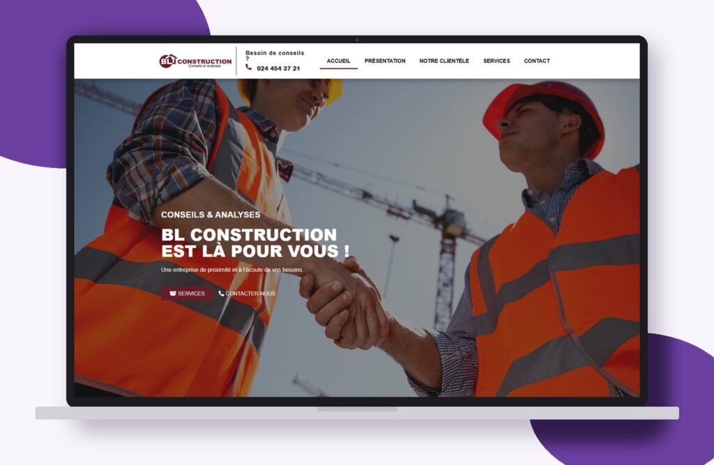 Site internet de BL Construction réalisé par Osmose Marketing, présenté sur un ordinateur portable