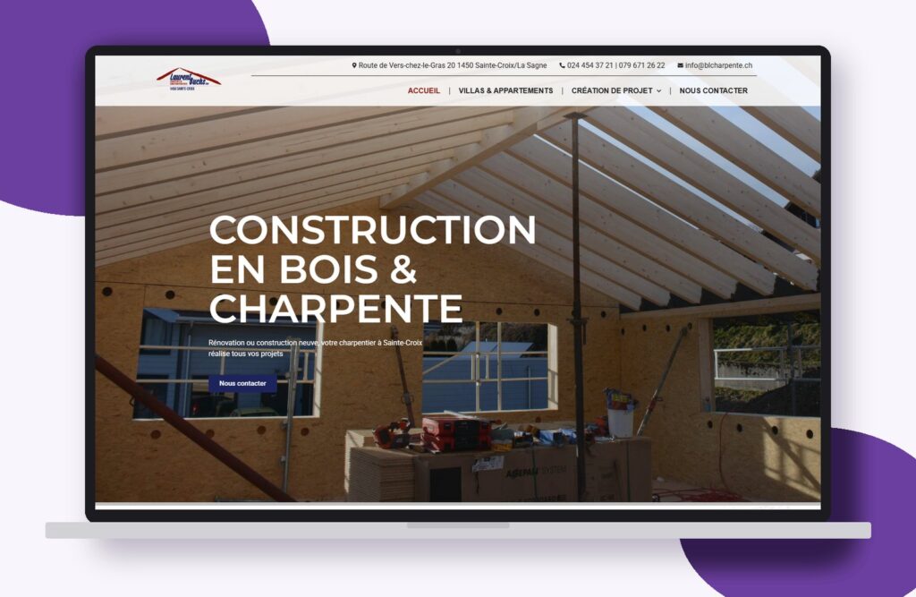 Site internet de Buchs Laurent Charpente réalisé par Osmose Marketing, présenté sur un ordinateur portable