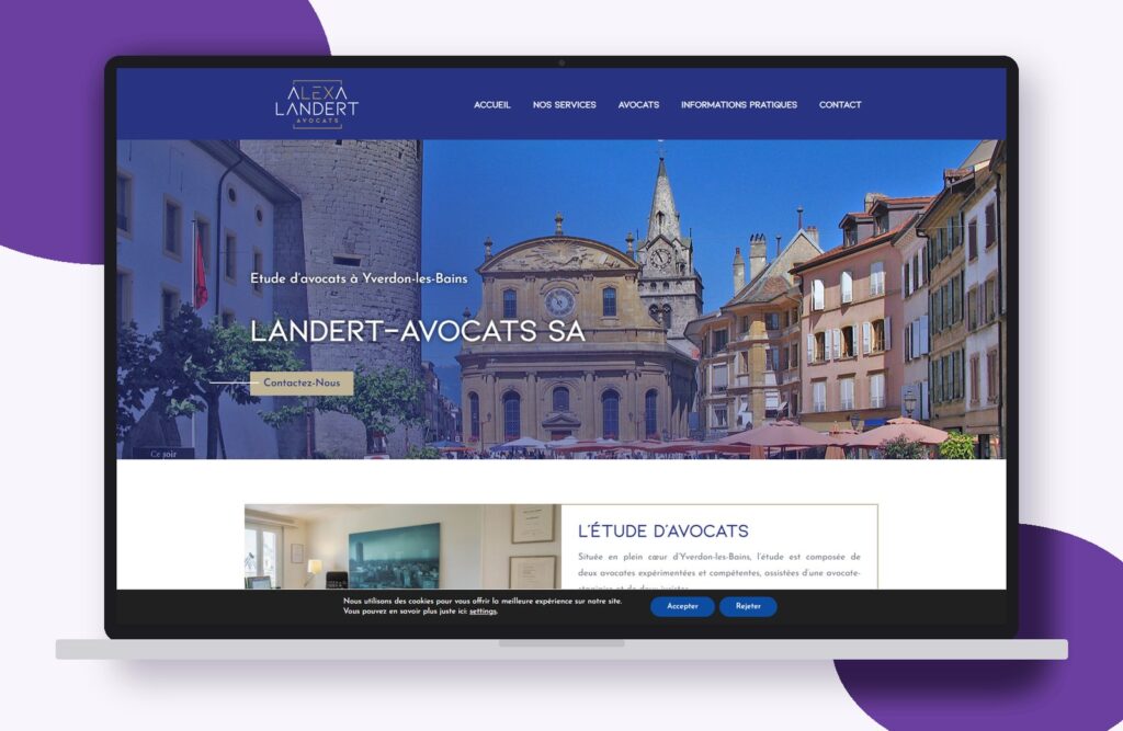 Site internet de Landert Avocats réalisé par Osmose Marketing, présenté sur un ordinateur portable
