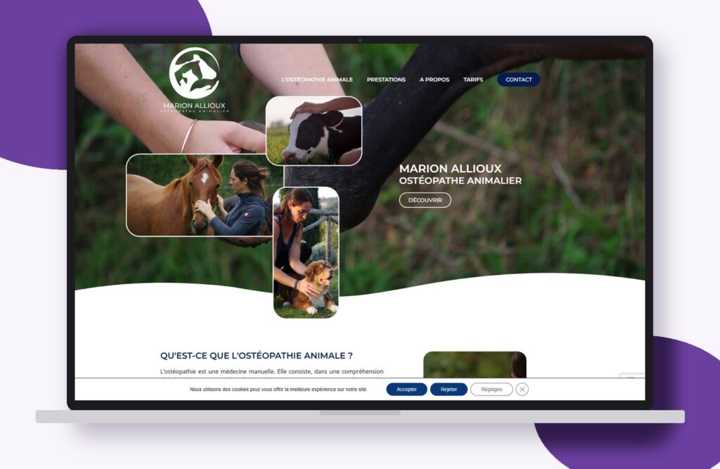 Site internet de Marion Ostéo Animalier réalisé par Osmose Marketing, présenté sur un ordinateur portable