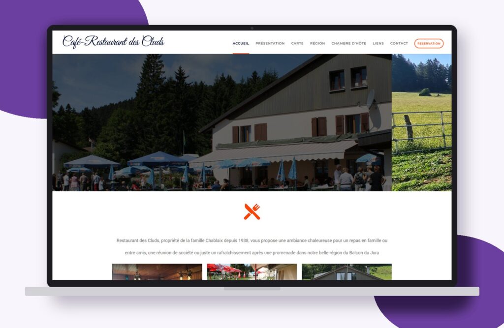 Site internet de Restaurant Les Cluds réalisé par Osmose Marketing, présenté sur un ordinateur portable