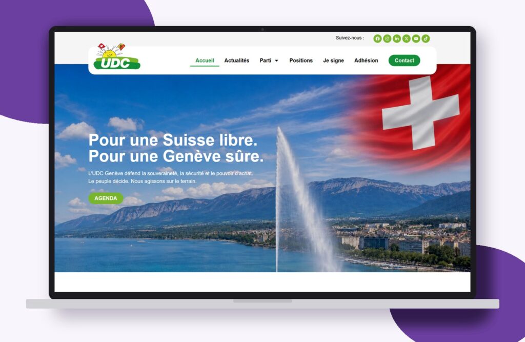 Site internet de UDC Genève réalisé par Osmose Marketing, présenté sur un ordinateur portable