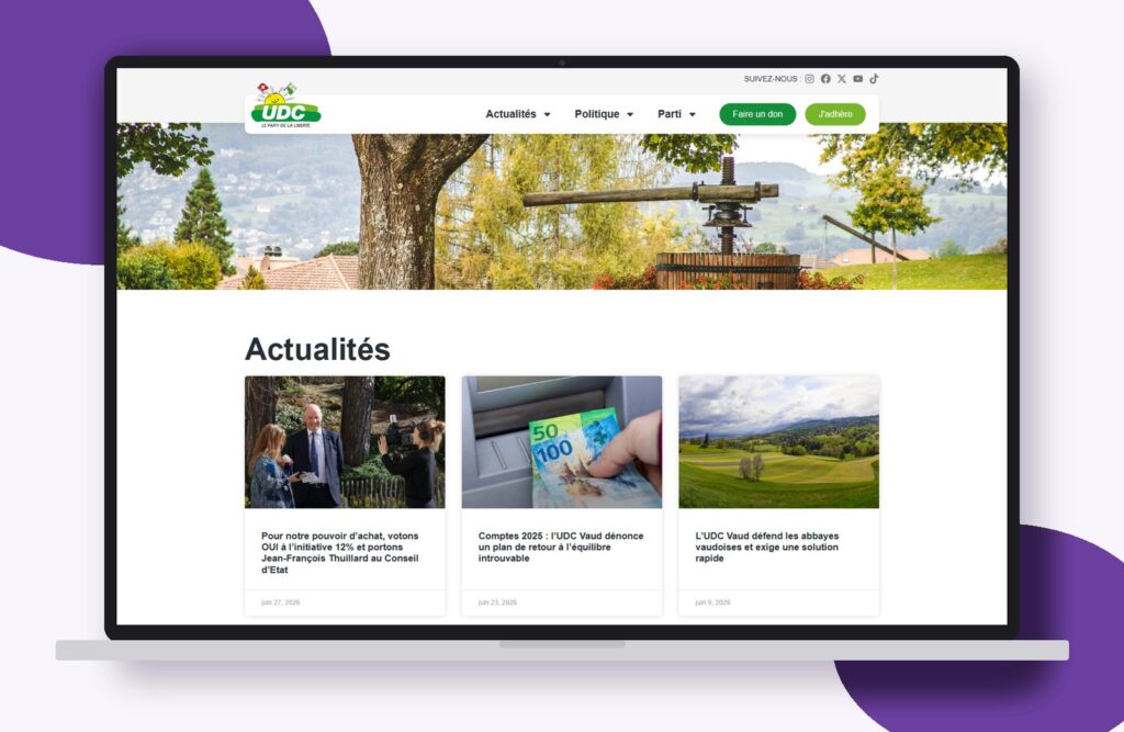 Site internet de UDC Vaud réalisé par Osmose Marketing, présenté sur un ordinateur portable
